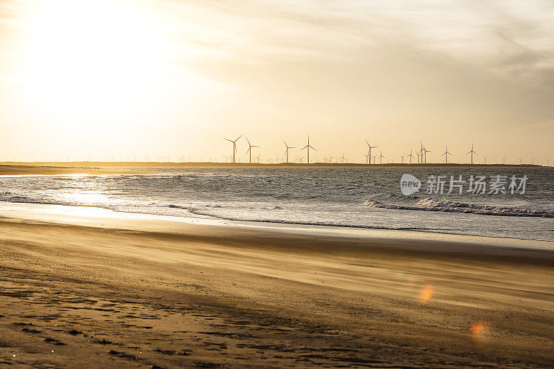 巴西北部里约热内卢Grande do Norte，从Galinhos海滩上看到的用于风力发电的风力涡轮机的剪影，背景是落日